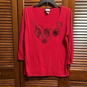 Jaclyn Smith Scarlet 3/4 length Sleeve Tee with Black Floral Design